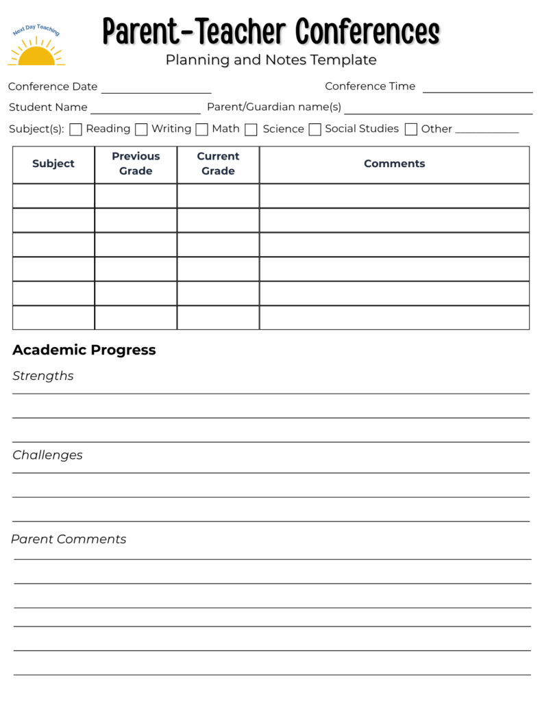 A clean, organized template for keeping track of student grades, academic and behavior progress, and test scores along with space to record parent comments and next steps during parent-teacher conferences.