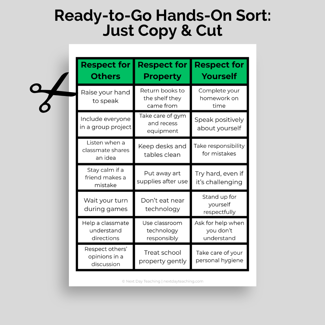 A sort that asks students to divide situations into showing respect for others, respect for property, or respect for yourself.