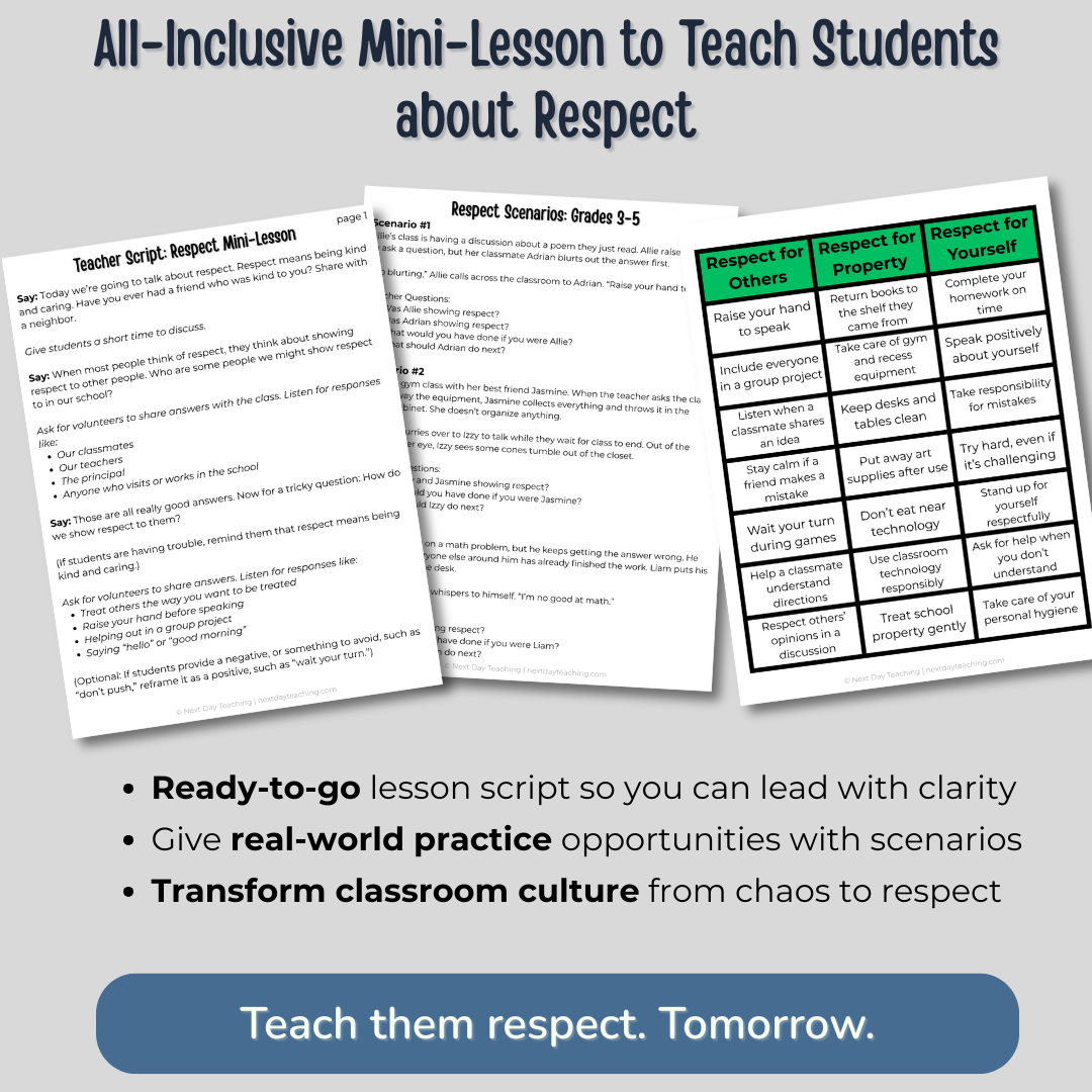 Three parts to the respect mini-lesson including a teacher script, scenarios, and a sorting activity. Text explains that this all-inclusive mini-lesson teaches students about respect with a ready-to-go lesson script and real-world practice scenarios so you can transform classroom culture from chaos to respect.