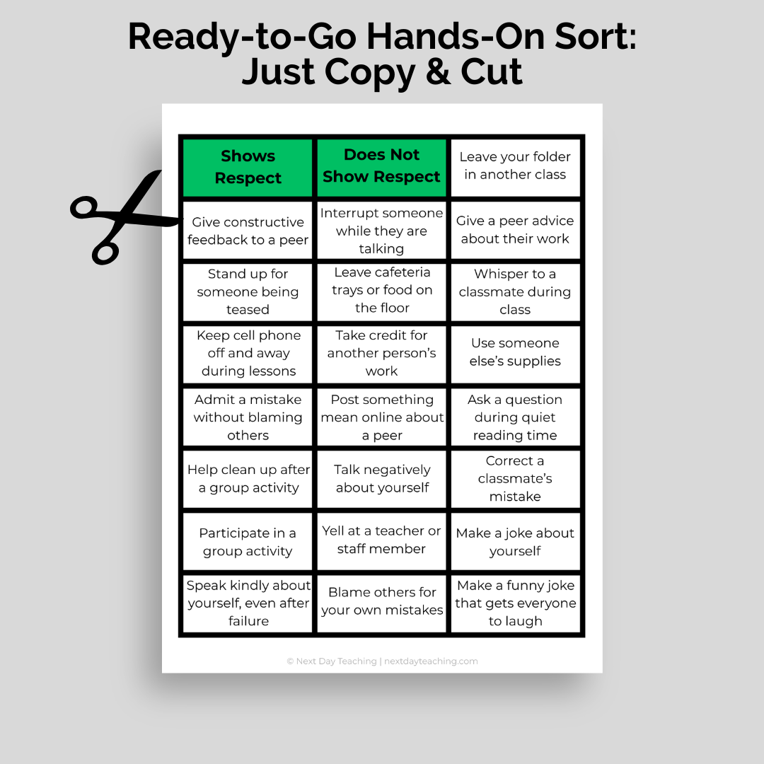 A higher-level sort that asks older students to divide gray-area situations into two categories: shows respect or does not show respect.