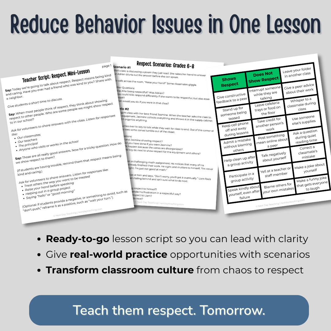 Three parts to the respect mini-lesson including a teacher script, scenarios, and a sorting activity. Text explains that this all-inclusive mini-lesson teaches students about respect with a ready-to-go lesson script and real-world practice scenarios so you can transform classroom culture from chaos to respect.