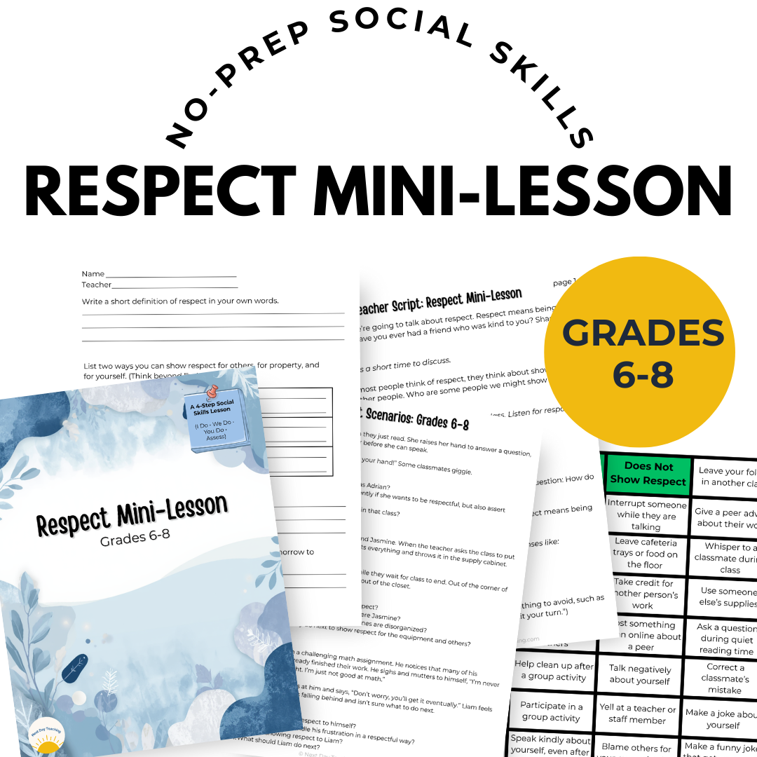 A spread of papers included in the 6-8 gratitude mini-lesson including a teacher script, group sort, scenario set, and exit ticket