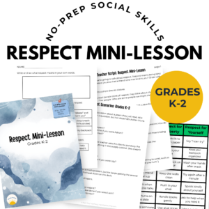 A spread of papers included in the K-2 gratitude mini-lesson including a teacher script, group sort, scenario set, and exit ticket