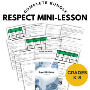 A display of scattered papers from the respect mini-lesson bundle for grades K-8, perfect for LBS1s, counselors, or anyone else who teaches multiple grades.