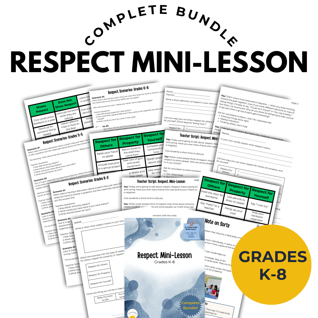 A display of scattered papers from the respect mini-lesson bundle for grades K-8, perfect for LBS1s, counselors, or anyone else who teaches multiple grades.