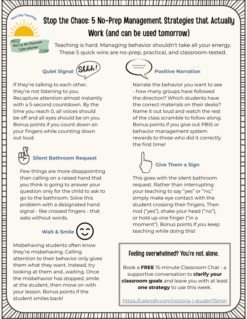 A 1-page cheat sheet of 5 no-prep classroom management strategies.