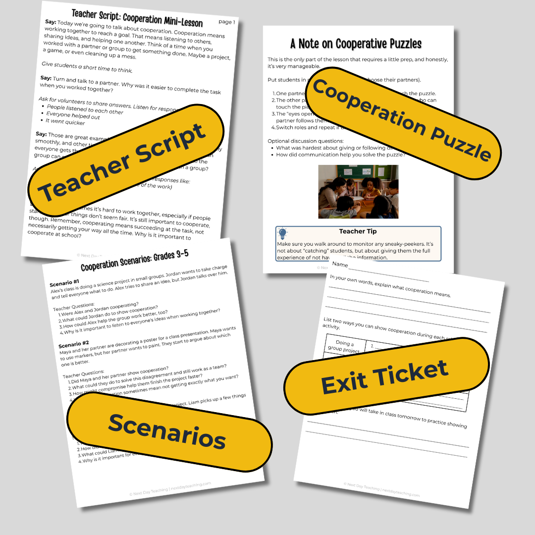 Samples of the four part mini-lesson parts included in each respect mini-lesson: a teacher script (I do), real-world scenarios (we do), a cooperative puzzle (you do), and an exit ticket (assessment).