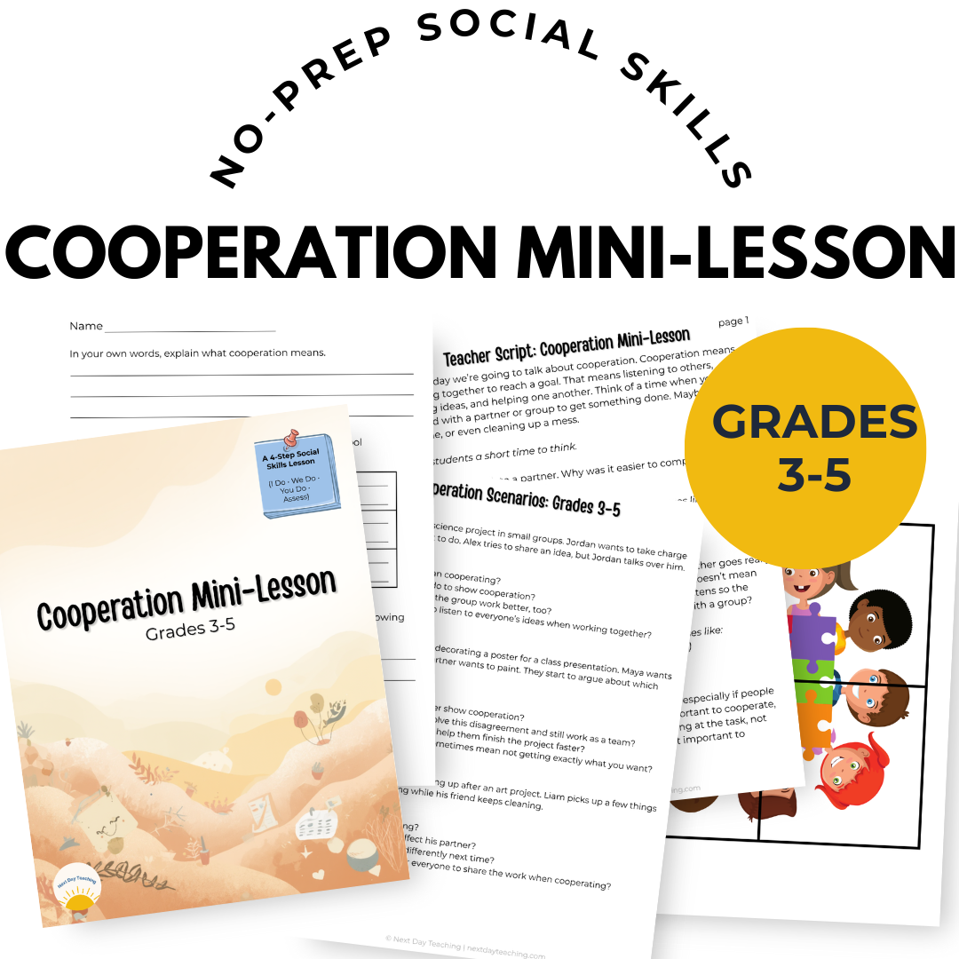 A spread of papers included in the 3-5 cooperation mini-lesson including a teacher script, collaborative puzzle, scenario set, and exit ticket