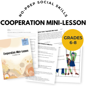 A spread of papers included in the 6-8 cooperation mini-lesson including a teacher script, collaborative puzzle, scenario set, and exit ticket
