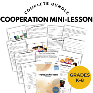 A display of scattered papers from the cooperation mini-lesson bundle for grades K-8, perfect for LBS1s, counselors, or anyone else who teaches multiple grades.
