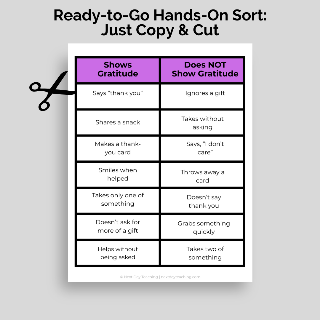 A sample sort that is included with the K-2 gratitude mini-lesson