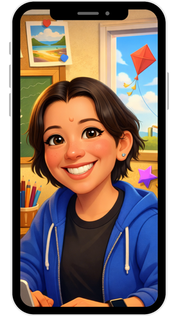 An AI-generated image of Tori looks out from a mockup of a smartphone. Tori is smiling with bright, eager eyes, ready to help teachers with all their classroom management problems.