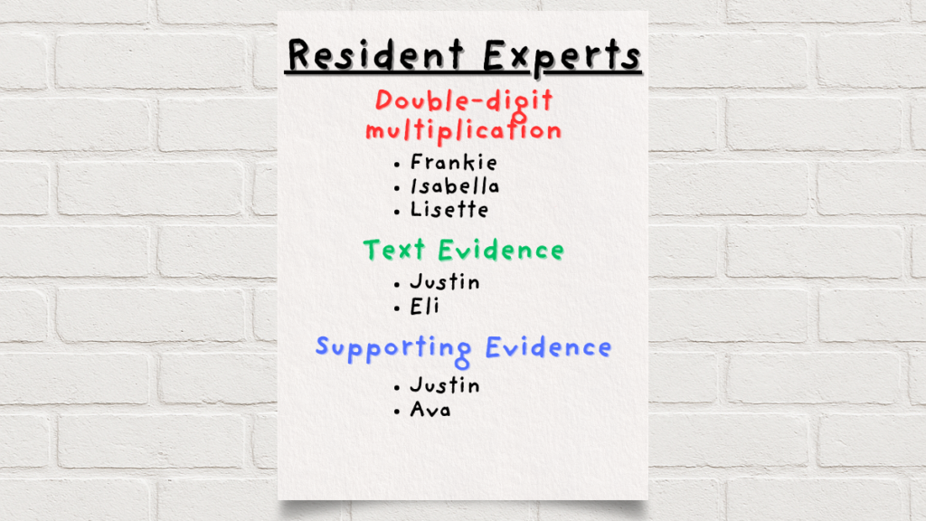 A chart paper hangs on a white brick wall. The chart paper is labeled "Resident Experts," with categories for double-digit multiplication, text evidence, and supporting evidence with sample student names underneath, showing the student tutor or resident expert classroom system.