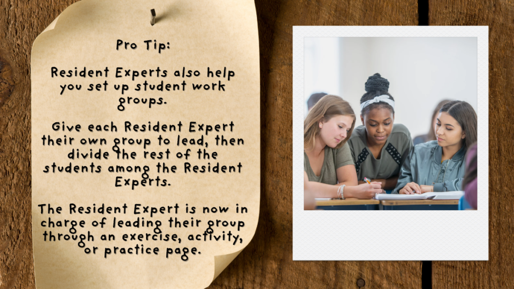 A piece of paper gives a pro tip about setting up student groups using the Resident Expert system while a polaroid photo shows two students working together while a peer guides their thinking.