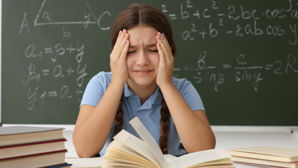 A student sits before a chalkboard filled with math equations. She sits at a table filled with books and holds her head in her hands, showing that she won't do her work because she can't.