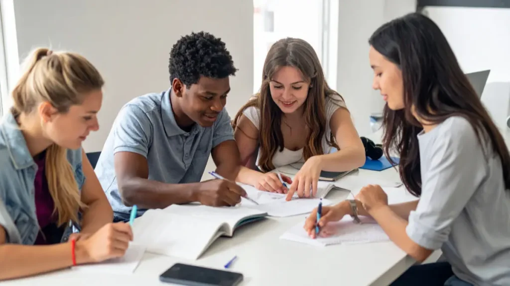 A group of older students sit around a table working on an assignment. One student leans over and points to something on a paper, helping her classmates understand a difficult concept.