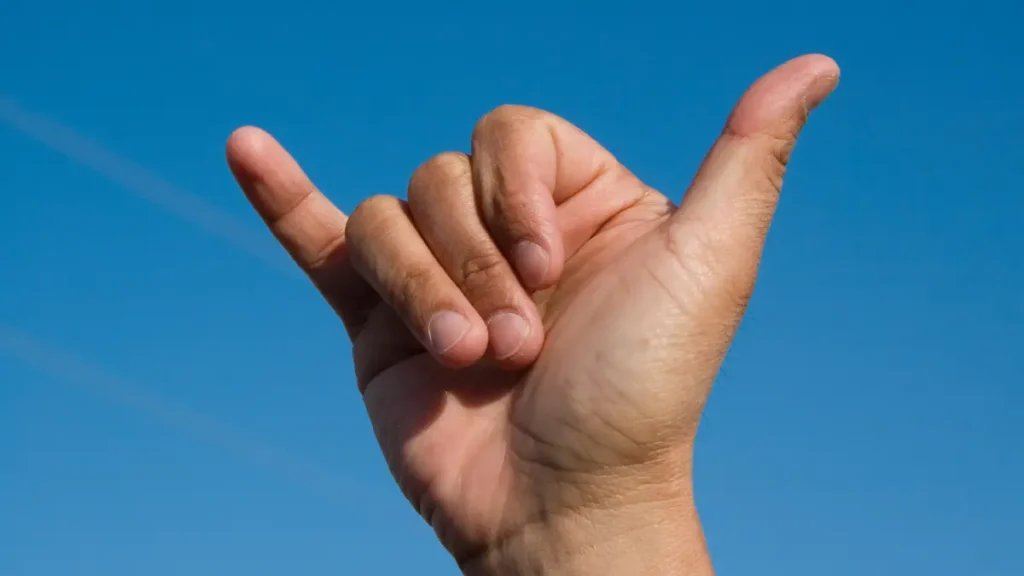 A hand is held with the thumb and pinkie finger extended, showing part of the thumb and pinky brain break activity for students.