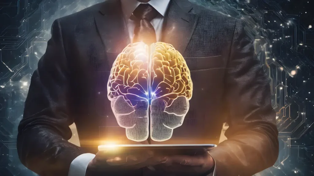 A figure in a suit jacket holds a tablet with a computer-generated holographic image of a brain hovering above it, showing the importance of brain breaks in the classroom
