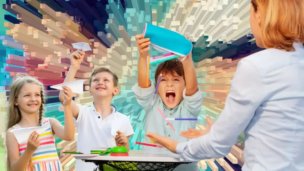 A chaotic background adds color and depth behind figures of students throwing paper airplanes and dumping a pencil pouch, while a teacher tries to catch the items and regain control