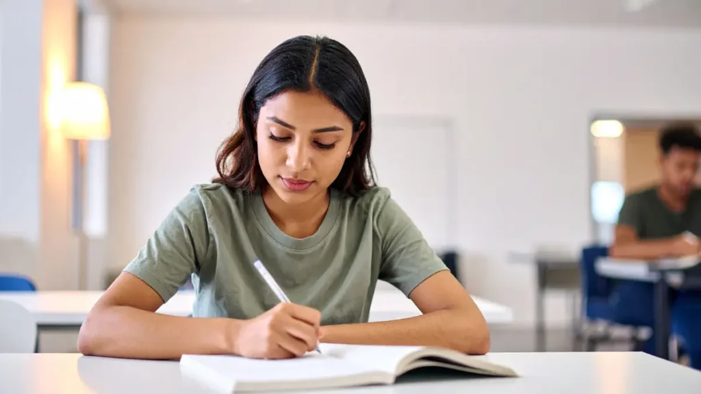 An older student sits quietly at a desk and writes in her notebook, focusing on the task at hand
