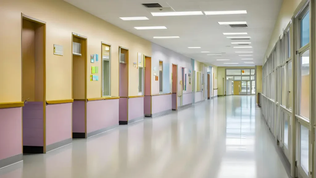 An empty school hallway showing door alcoves on the left, windows on the right, and an exit door in front, showing a metaphor for a page that could not be found.