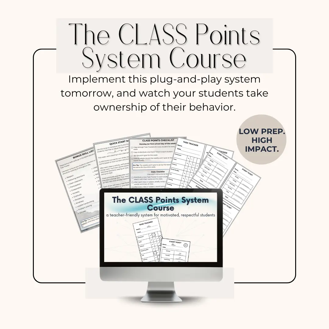 A spread of resources and contents for the CLASS Points System course, a classroom management system to manage student behaviors in the classroom, including checklists, quick start scripts, and templates.