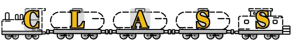 A graphic of a train engine with 3 cars and a caboose. On each part of the train is a letter for CLASS, showing the sequence of steps in order to create a calmer classroom for teachers