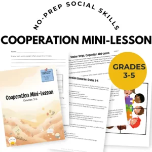 A spread of papers included in the 3-5 respect mini-lesson including a teacher script, group sort, scenario set, and exit ticket