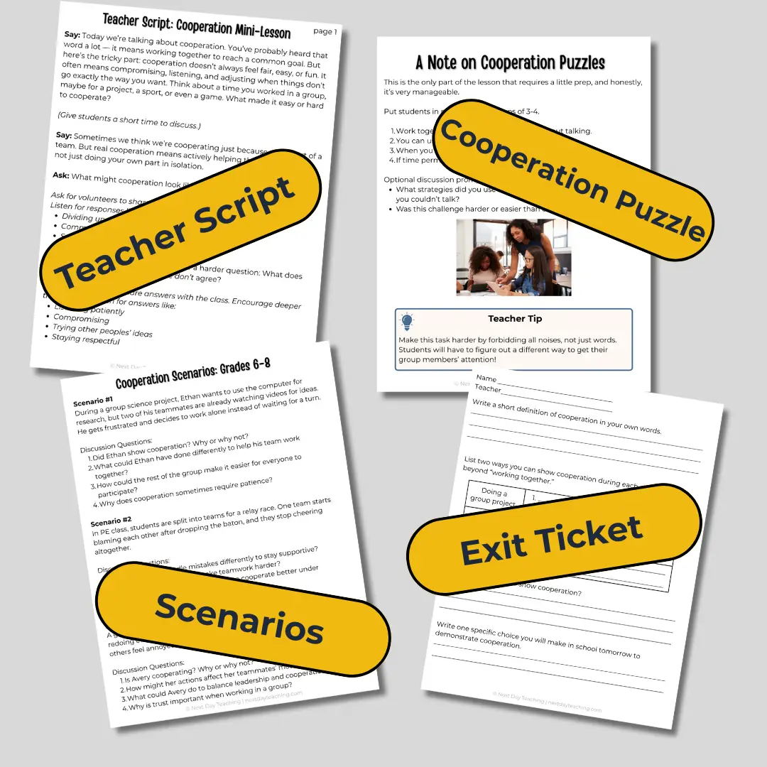 Samples of the four part mini-lesson parts included in the cooperative mini-lesson: a teacher script (I do), real-world scenarios (we do), a cooperative puzzle (you do), and an exit ticket (assessment).