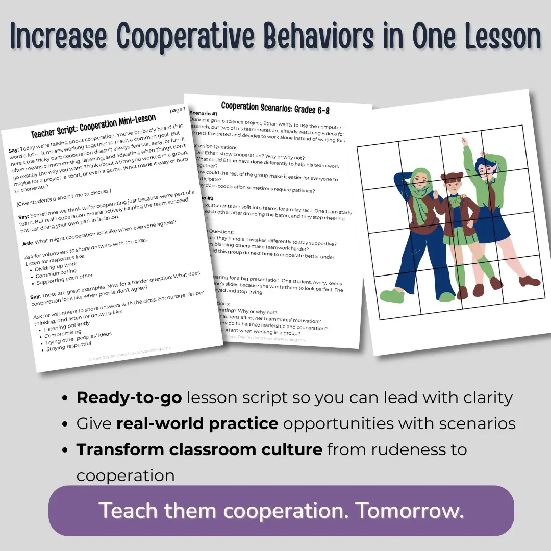 Three parts to the cooperation mini-lesson including a teacher script, scenarios, and a cooperative puzzle. Text explains that this all-inclusive mini-lesson teaches students about cooperation with a ready-to-go lesson script and real-world practice scenarios so you can transform classroom culture from rudeness to cooperation.