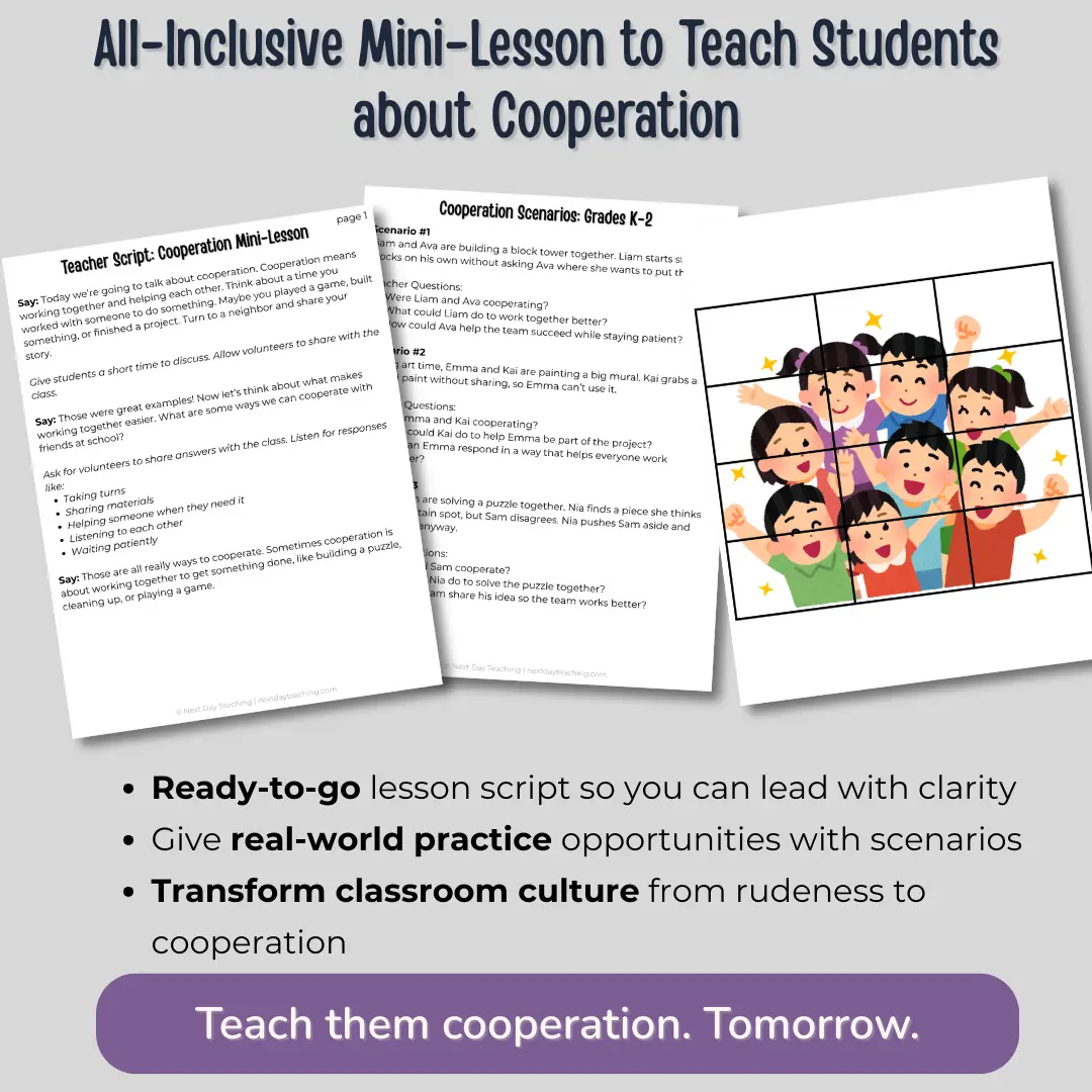 Three parts to the cooperation mini-lesson including a teacher script, scenarios, and a cooperative puzzle. Text explains that this all-inclusive mini-lesson teaches students about cooperation with a ready-to-go lesson script and real-world practice scenarios so you can transform classroom culture from rudeness to cooperation.