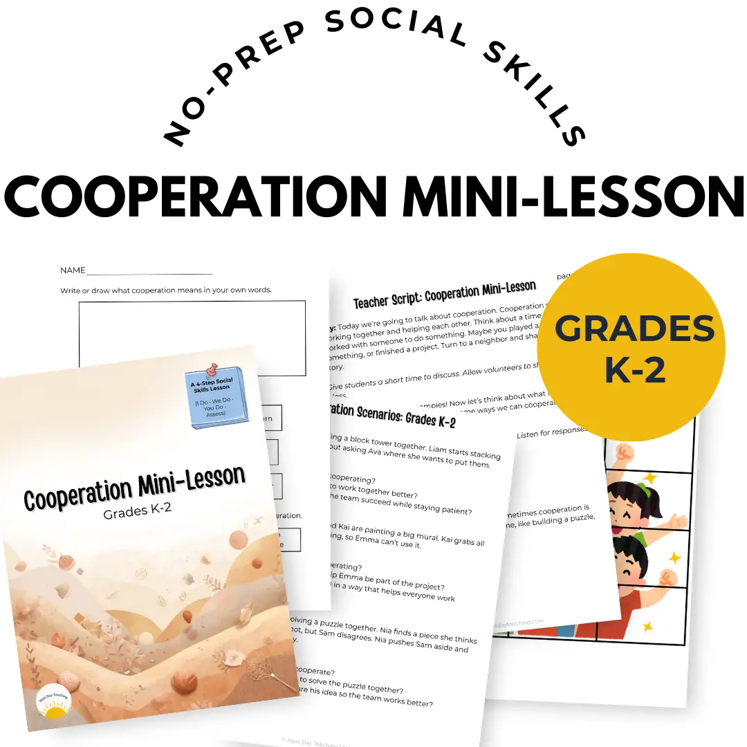 A spread of papers included in the K-2 gratitude mini-lesson including a teacher script, group sort, scenario set, and exit ticket
