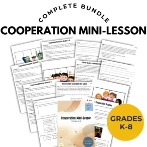 A display of scattered papers from the respect mini-lesson bundle for grades K-8, perfect for LBS1s, counselors, or anyone else who teaches multiple grades.