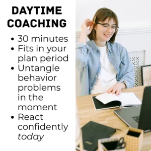 A teacher reaches for a pencil behind her ear as she holds open a notebook and smiles at a computer screen, showing her calm and confidence in receiving daytime classroom management coaching that fits within her plan period