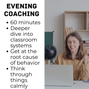 A teacher gestures with her arm as she smiles at a computer screen, showing her calm and confidence in receiving evening classroom management coaching to dive deeper into student behavior issues