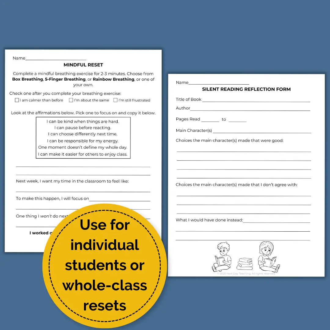 Two sample activities from an alternate activity set are displayed. The activities are a mindful reset process and a silent reading reflection form template. A callout explains that these activities are useful for individual students or whole-class resets.