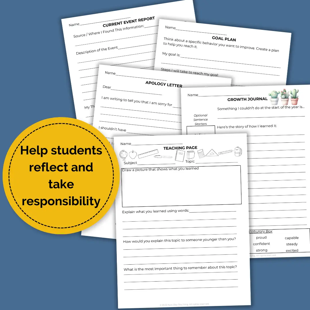 Five sample activity pages from an alternative activity set include a current event report, a goal plan, an apology letter, a growth journal, and a teaching page. A callout explains that these activities help students reflect and take responsibility.