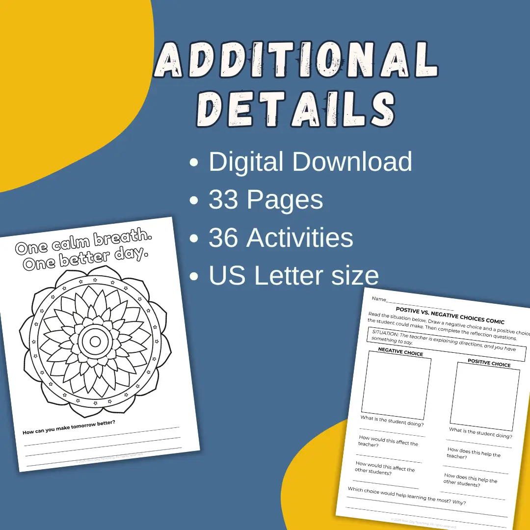 Two sample pages from a set of alternative activities for Fun Friday: a calm coloring page and a reflective quote, and a positive vs. negative choices comic strip activity. Additional details explain that this product is a digital download with 33 pages and 36 activities, and it prints in US letter-sized paper.