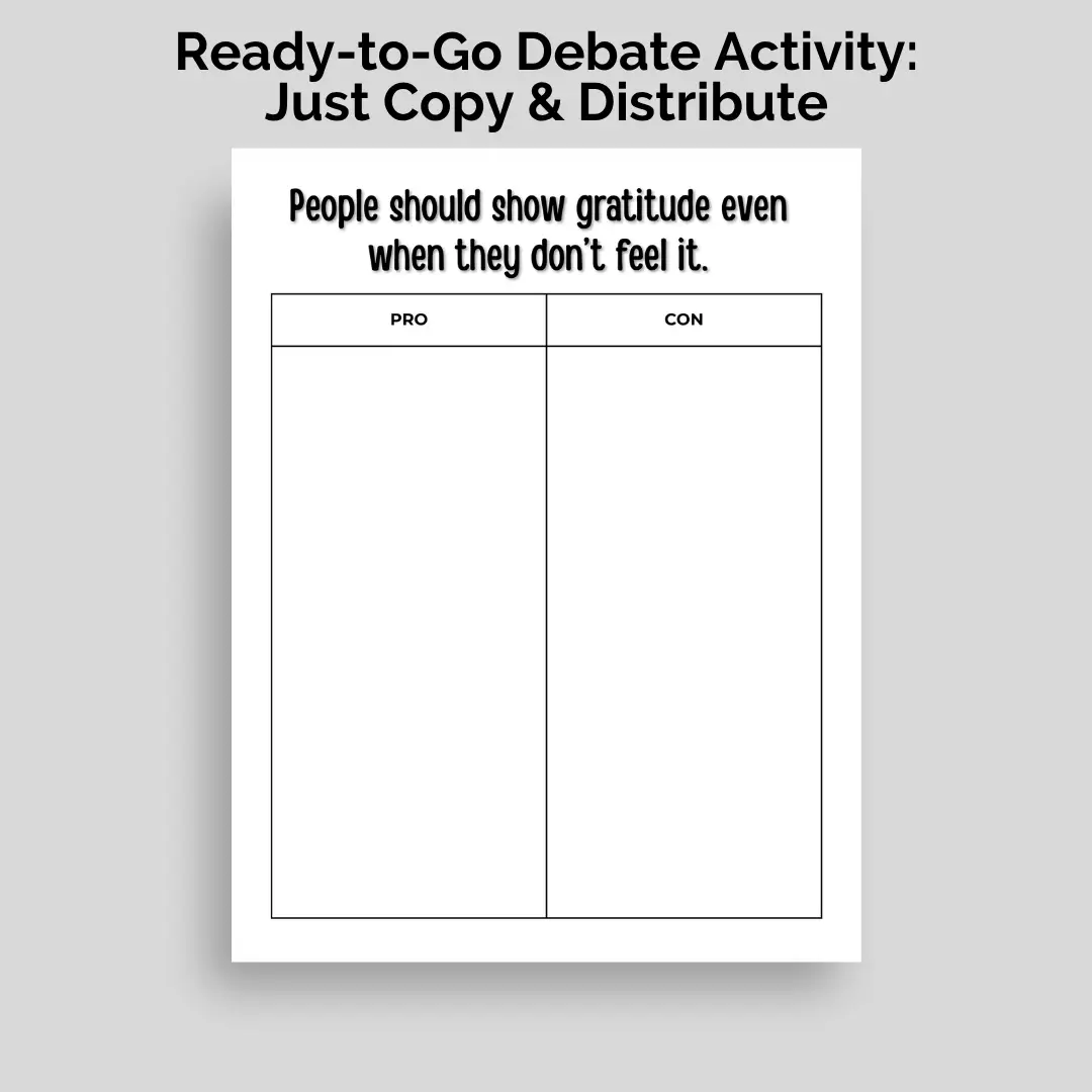 A sample debate that is included with the 6-8 gratitude mini-lesson