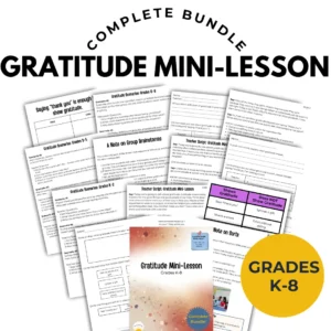 A display of scattered papers from the gratitude mini-lesson bundle for grades K-8, perfect for LBS1s, counselors, or anyone else who teaches multiple grades.