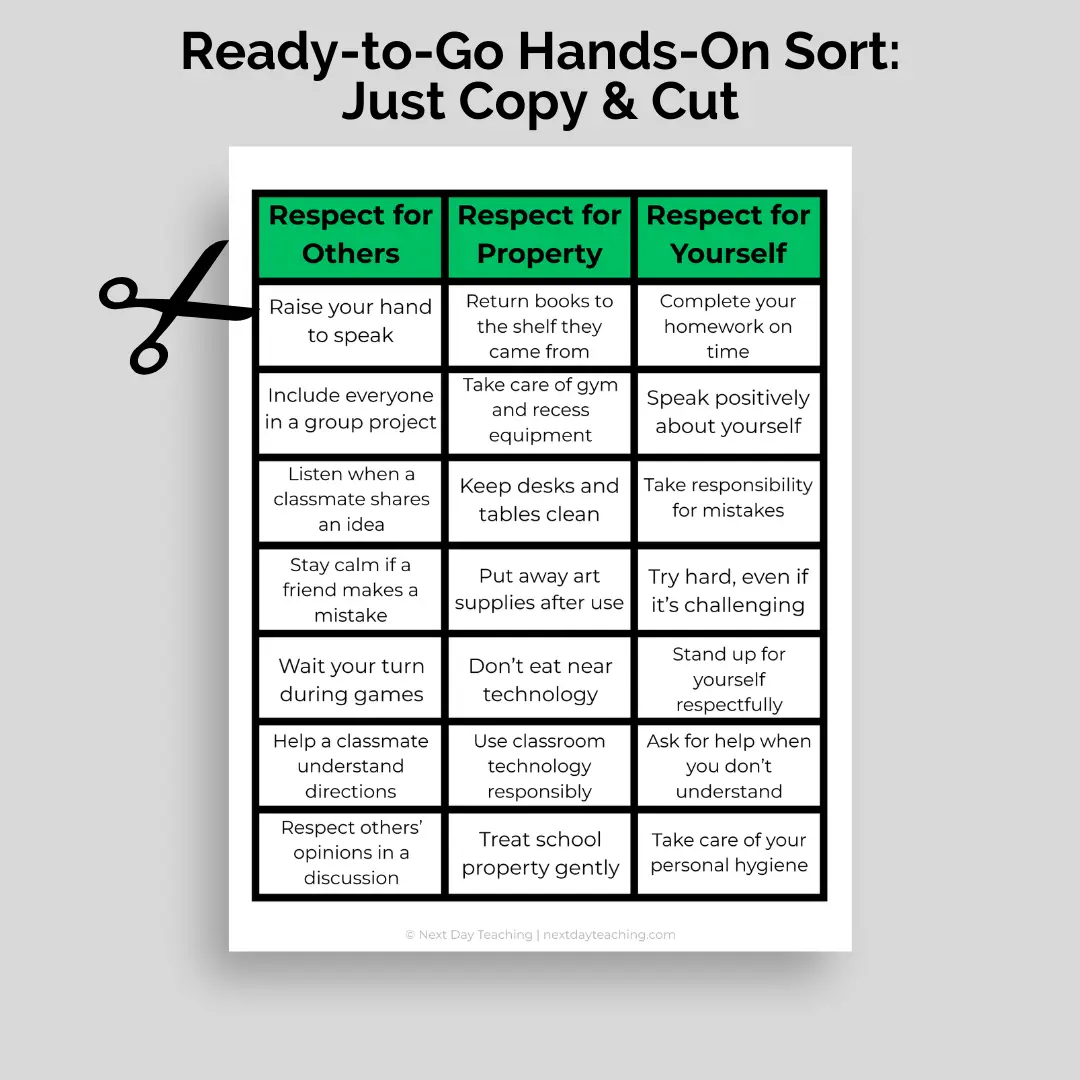 A sort that asks students to divide situations into showing respect for others, respect for property, or respect for yourself.