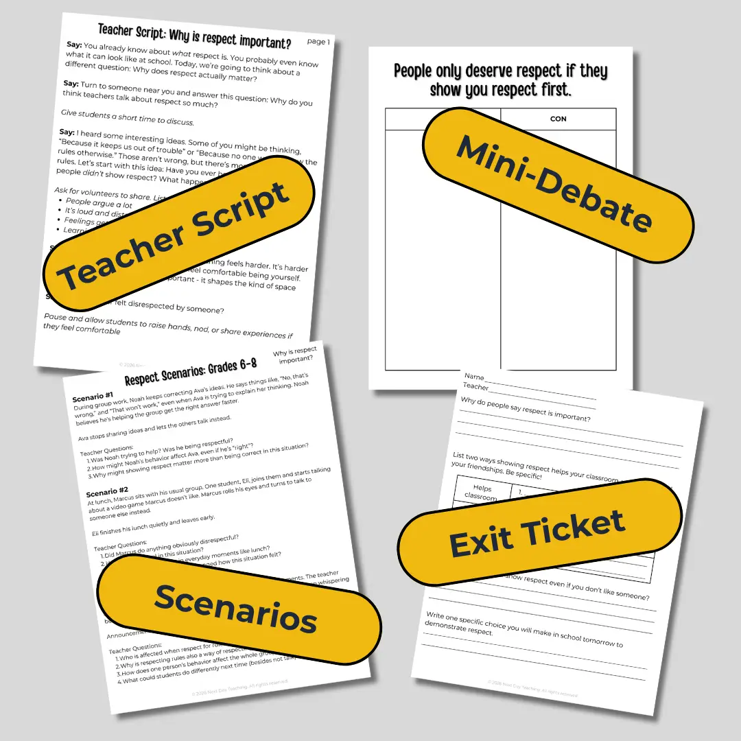 Samples of the four part mini-lesson parts included in the respect mini-lesson: a teacher script (I do), real-world scenarios (we do), a mini debate (you do), and an exit ticket (assessment).