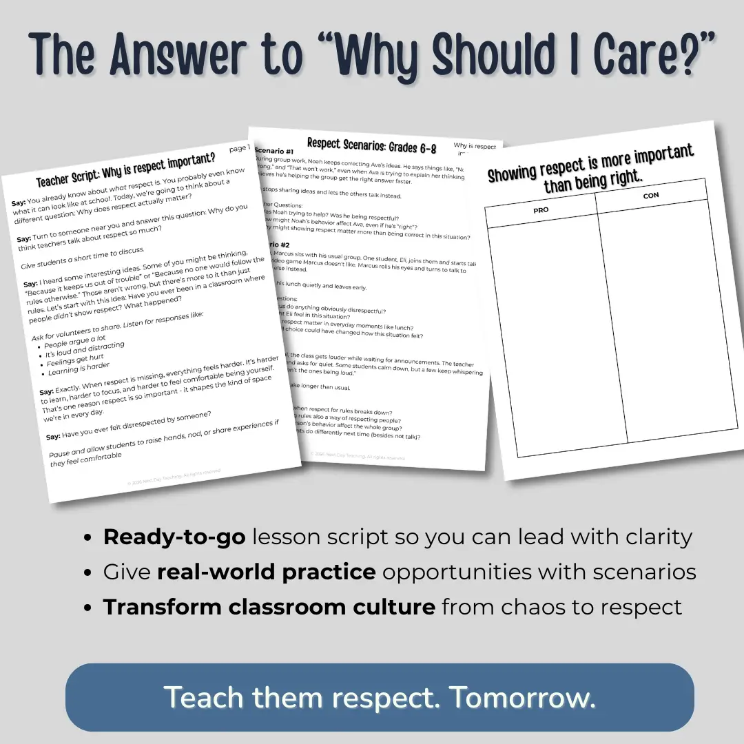Three parts to the respect mini-lesson including a teacher script, scenarios, and a mini debate. Text explains that this all-inclusive mini-lesson teaches students about why they should care about respect with a ready-to-go lesson script and real-world practice scenarios so you can transform classroom culture from chaos to respect.