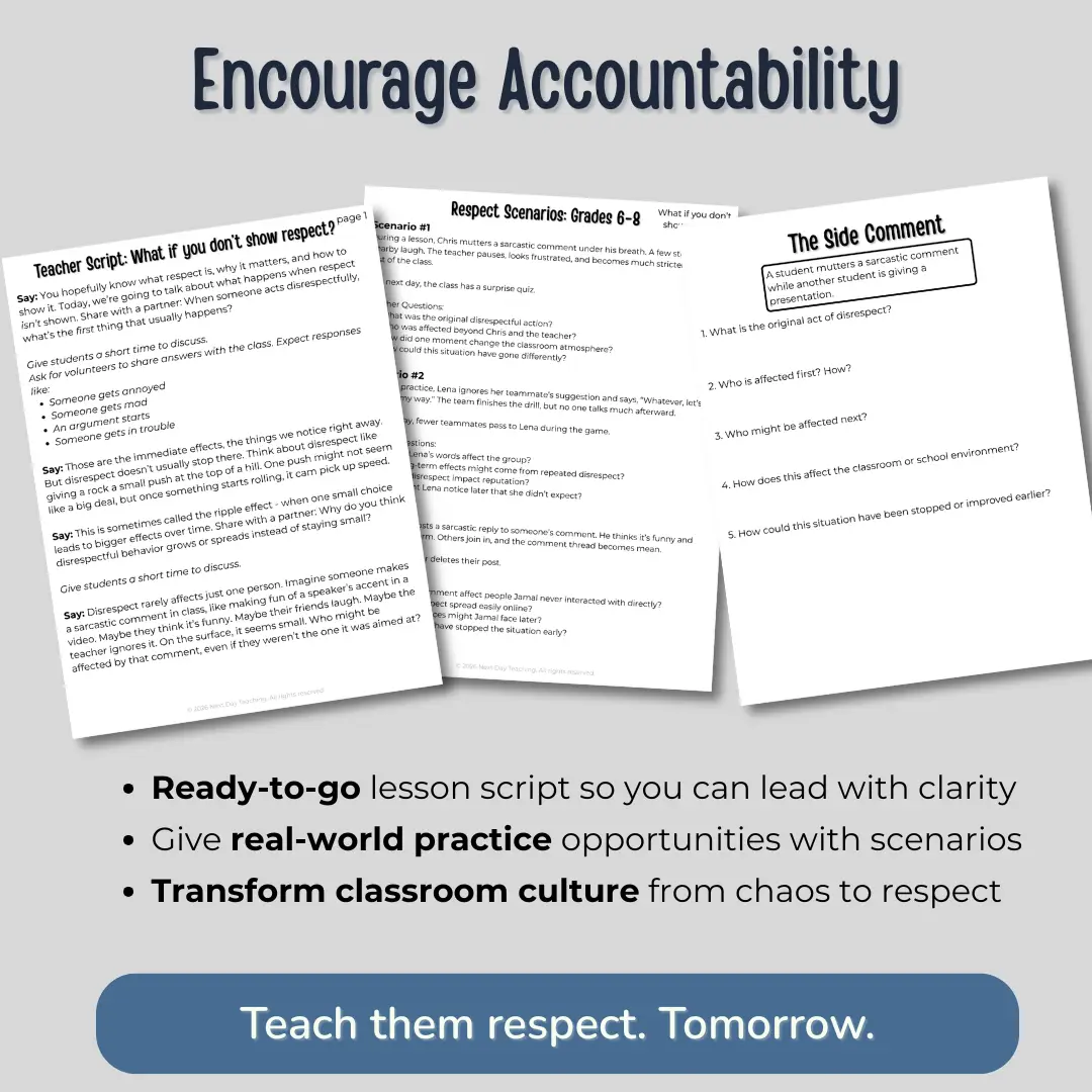 Three parts to the respect mini-lesson including a teacher script, scenarios, and a mini debate. Text explains that this all-inclusive mini-lesson encourages accountability with a ready-to-go lesson script and real-world practice scenarios so you can transform classroom culture from chaos to respect.