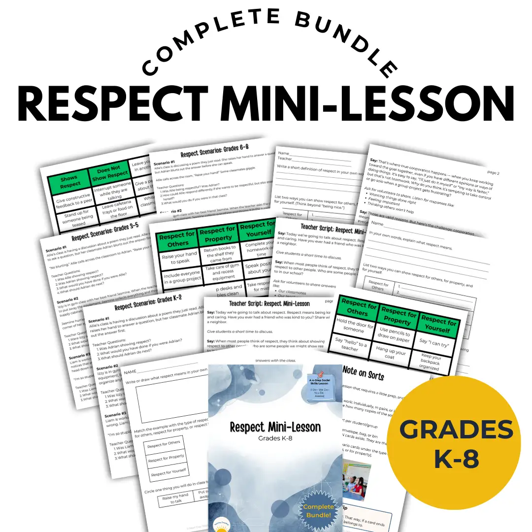 A display of scattered papers from the cooperation mini-lesson bundle for grades K-8, perfect for LBS1s, counselors, or anyone else who teaches multiple grades.
