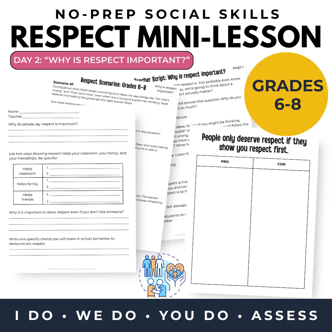A spread of papers included in the 6-8 respect mini-lesson about why respect is important, including a teacher script, debate activity, scenario set, and exit ticket