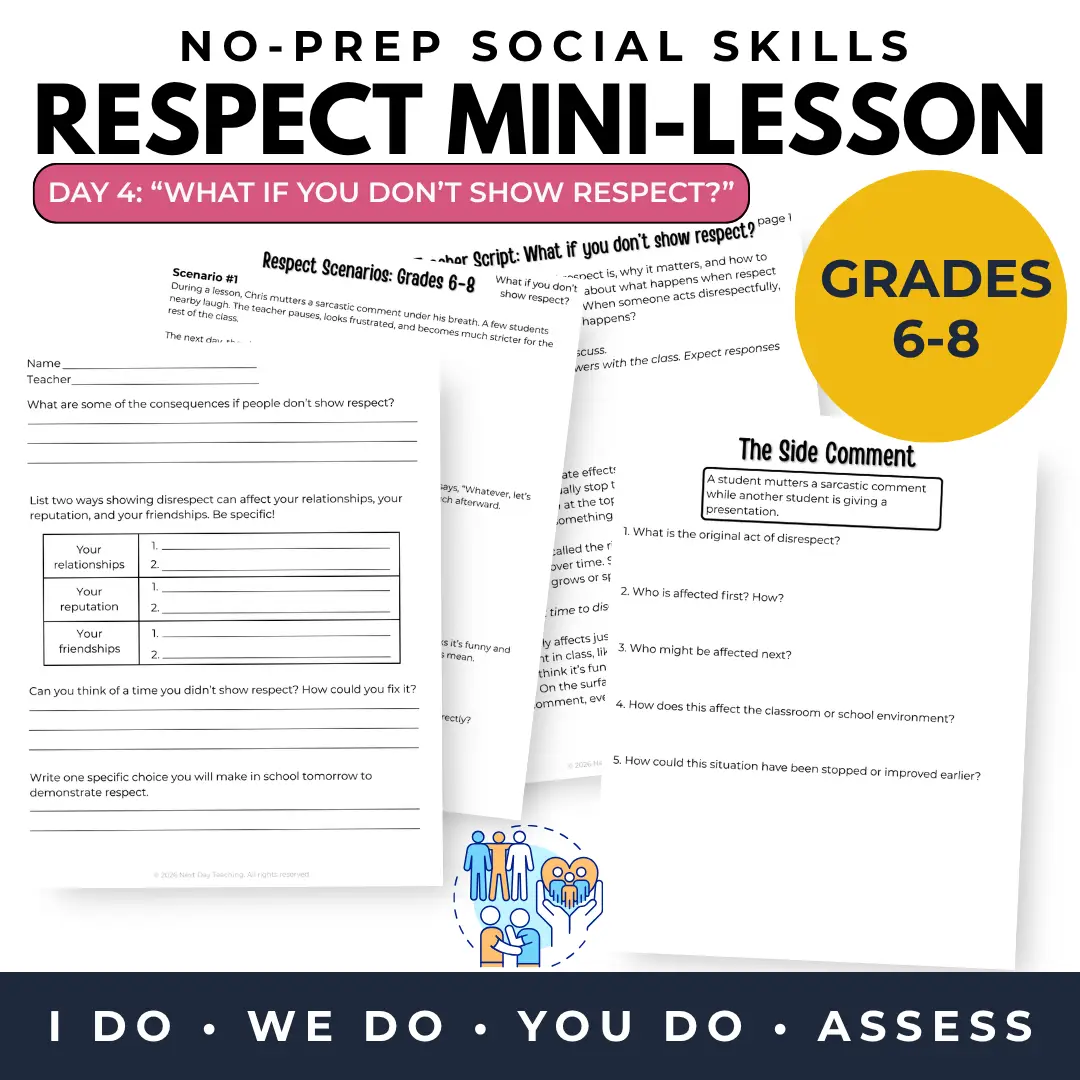 A spread of papers included in the 6-8 respect mini-lesson about what happens if we don't show respect, including a teacher script, logical flow exercise, scenario set, and exit ticket
