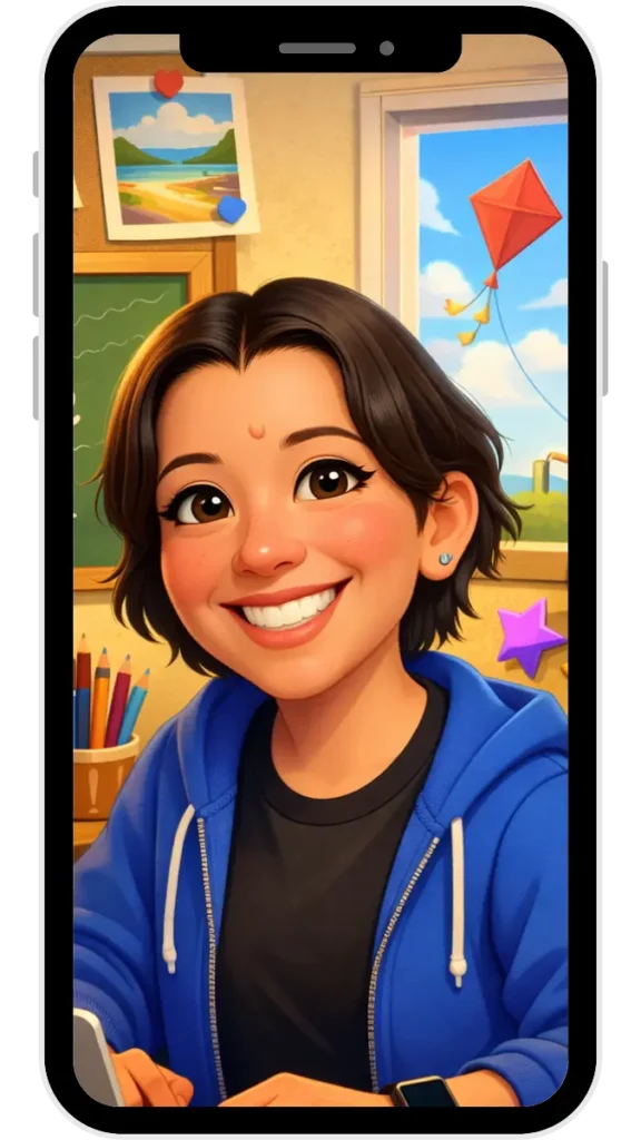 An illustrated version of Tori wearing a blue sweatshirt smiles brightly at the viewer. The image is encased in a mockup of a smartphone, representing asynchronous coaching being like having an on-call teacher mentor in your pocket.