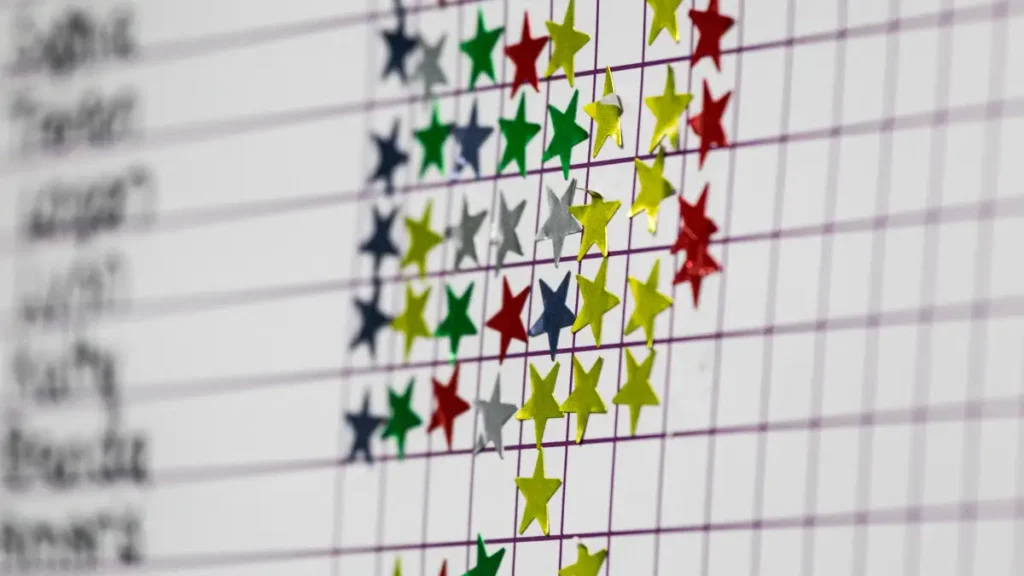 A chart with student names and stars representing an individual behavior chart in a classroom