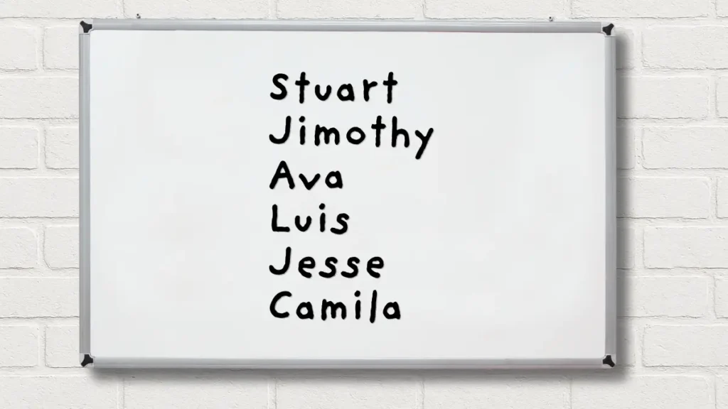 A whiteboard on a white brick wall with a list of student names written in a black handwriting font showing a simple bathroom procedure for middle school classrooms